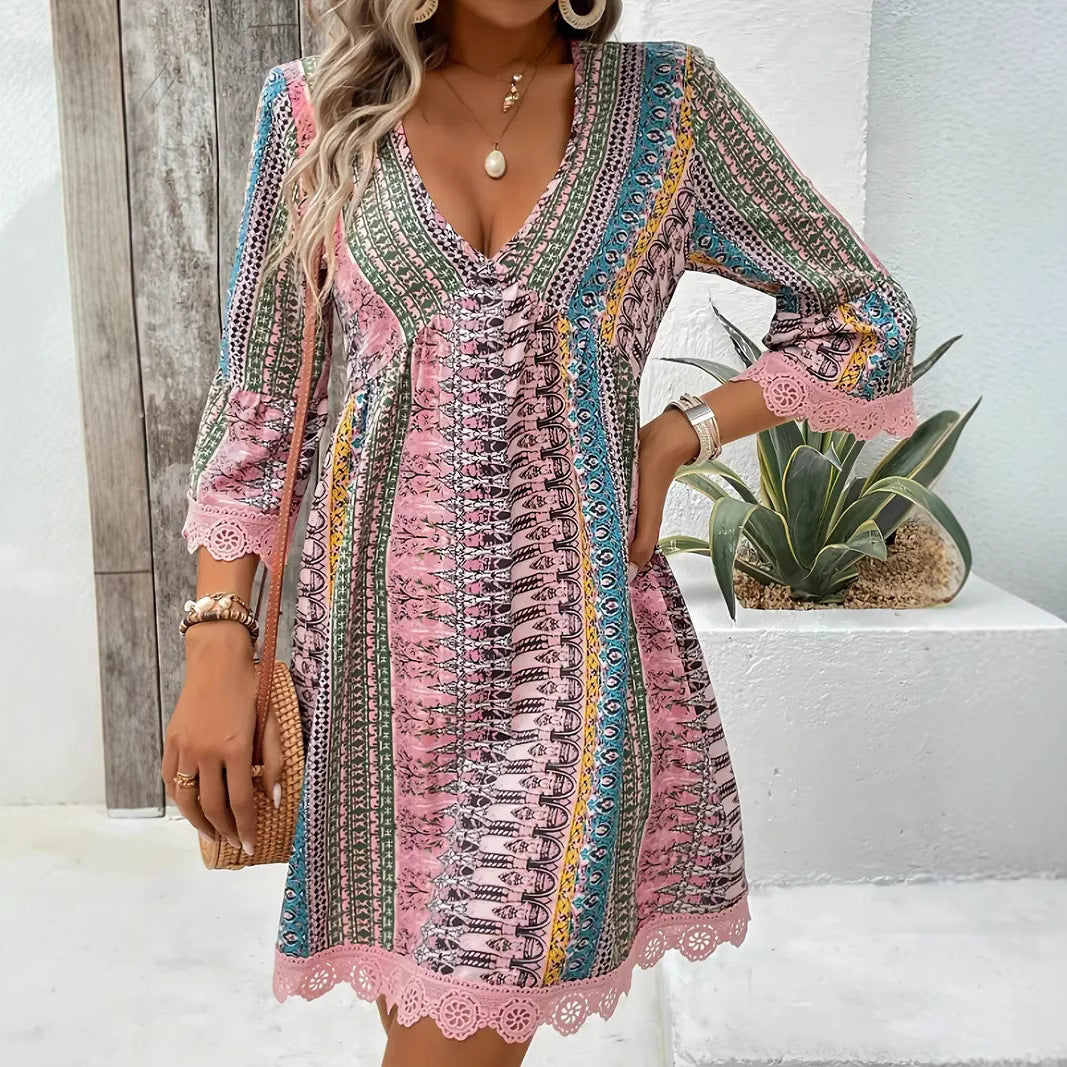 Bohemian Style V-neck Printed Dress