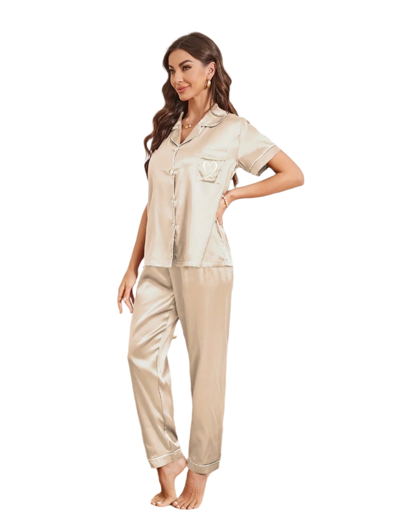 Heart Embroidery Satin Pajama Set Casual Short Sleeve