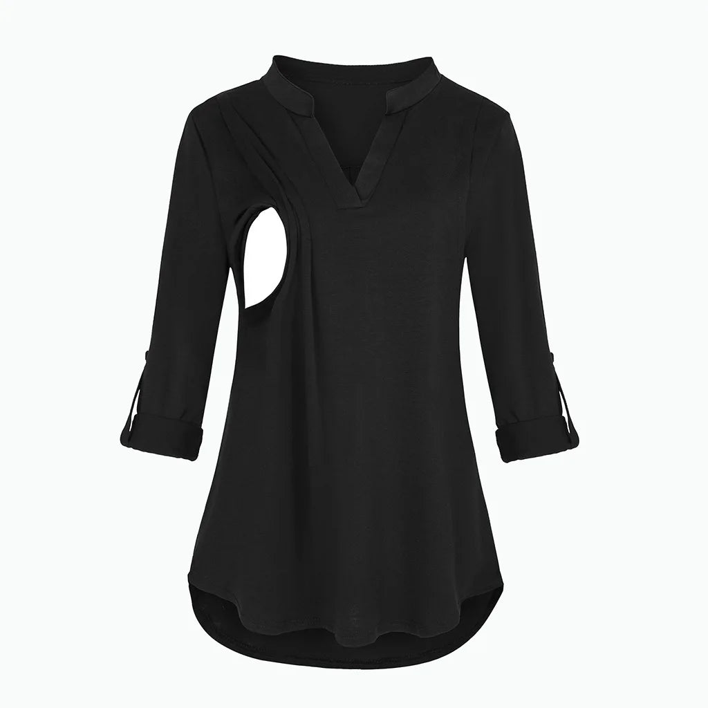 Women's Maternity Breastfeeding T-shirt V-Neck Solid Color Long Sleeve Nursing Tops Clothes