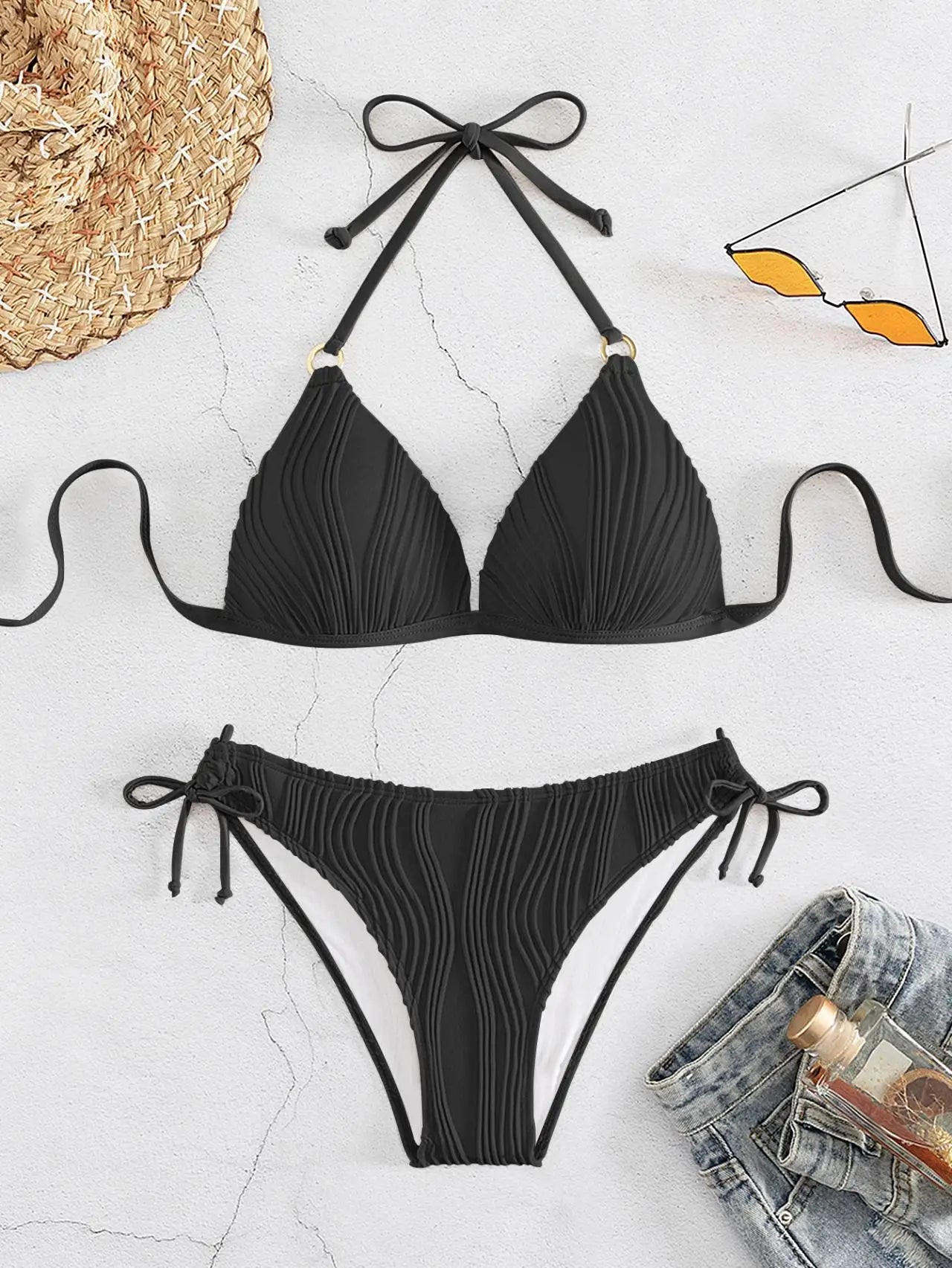 Women Low Waist Solid Color Black Lace-up Push Up Brazilian Bikinis Bikini Set