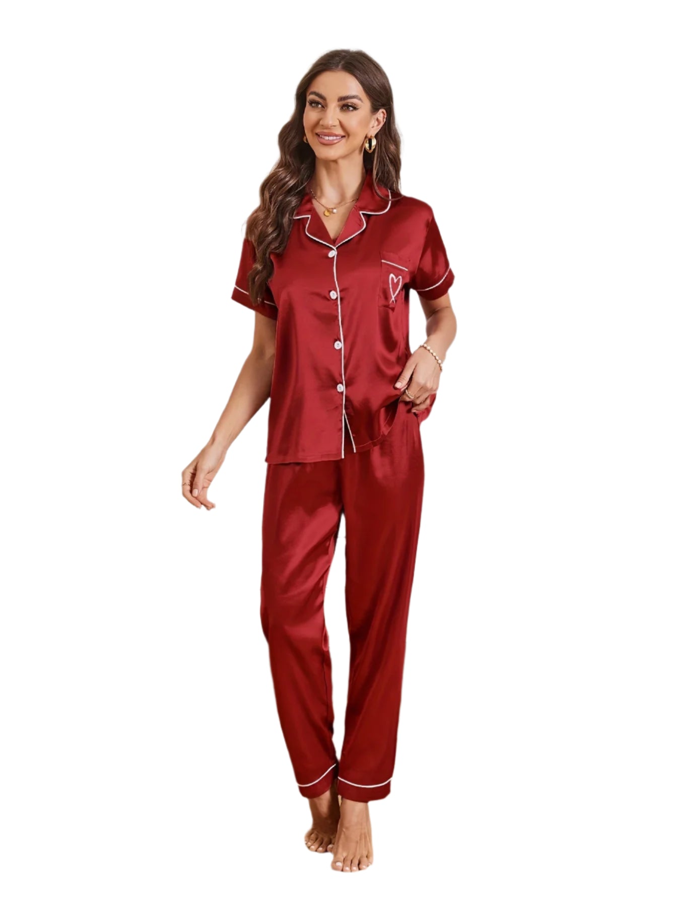Heart Embroidery Satin Pajama Set Casual Short Sleeve