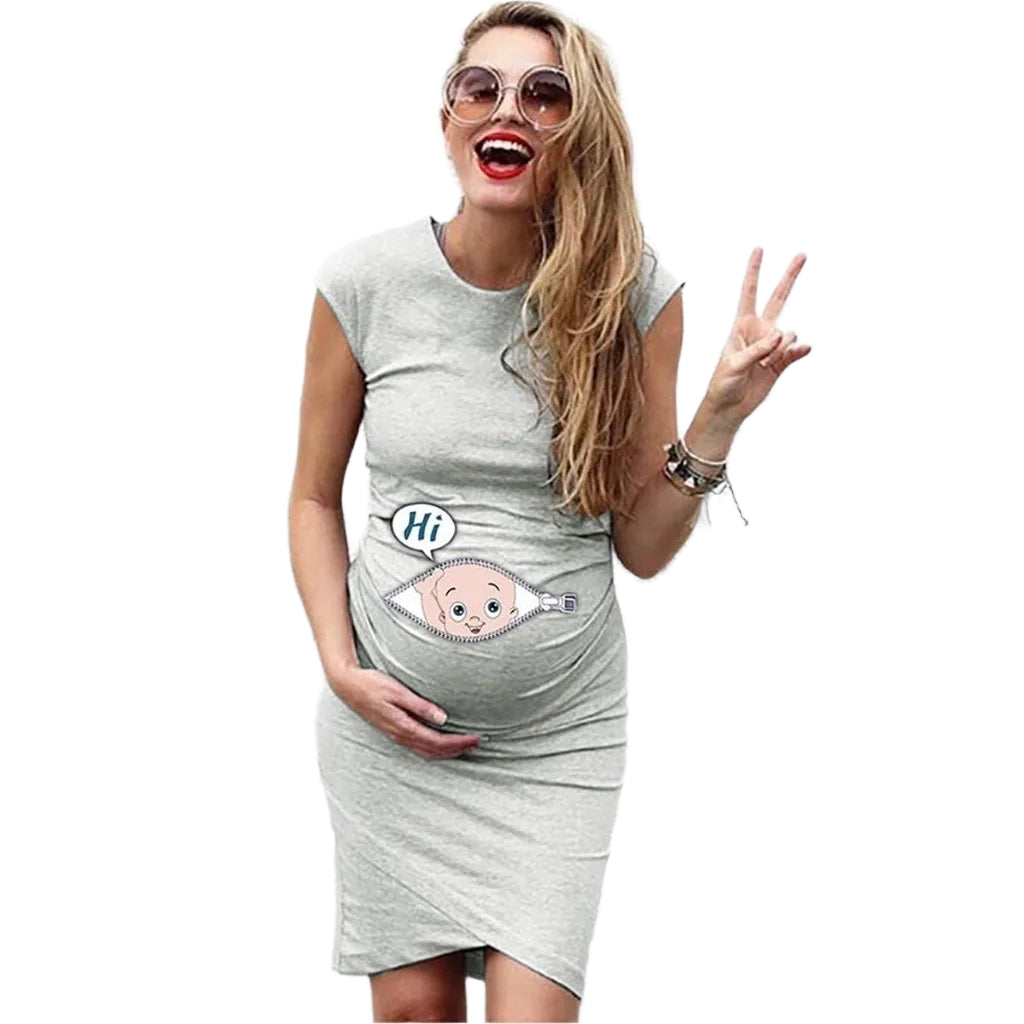 O-neck Slim Cartoon Print Pregnant Woman Dress