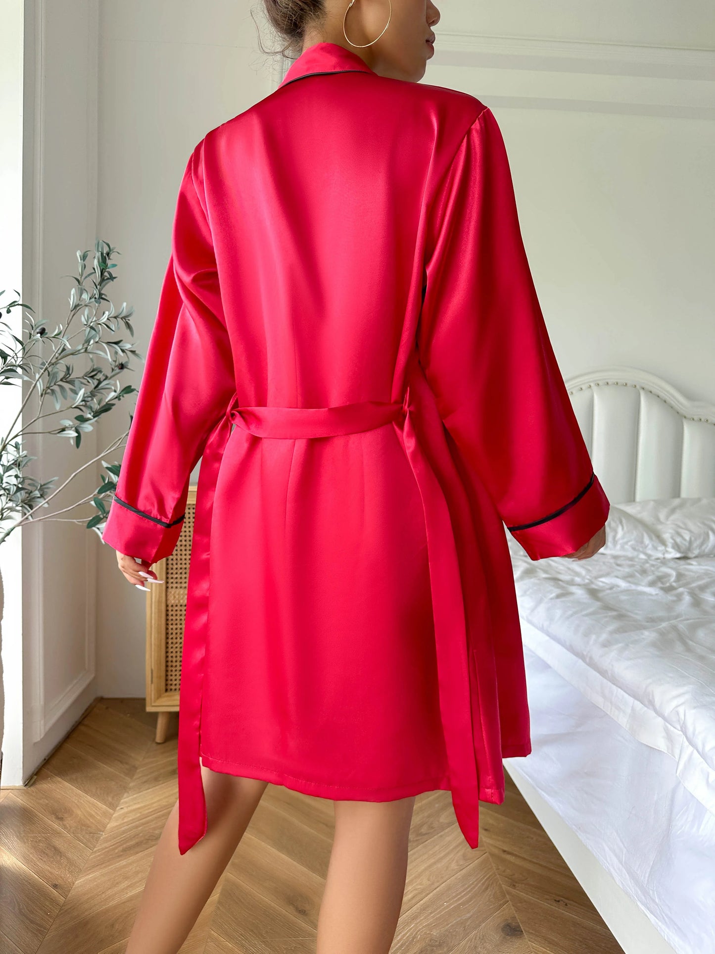 Simple Satin Pajama Set Long Sleeve Belted Robe
