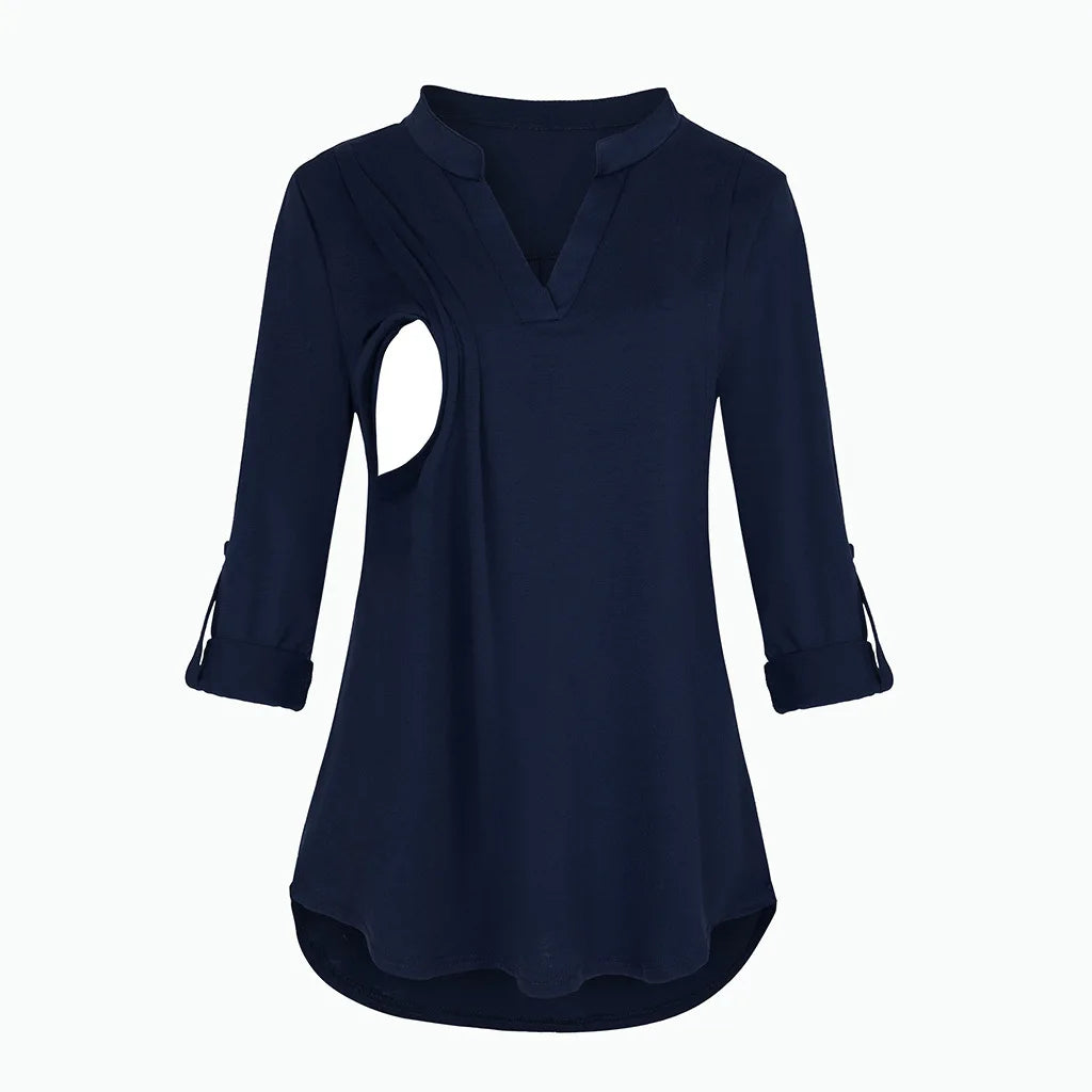 Women's Maternity Breastfeeding T-shirt V-Neck Solid Color Long Sleeve Nursing Tops Clothes