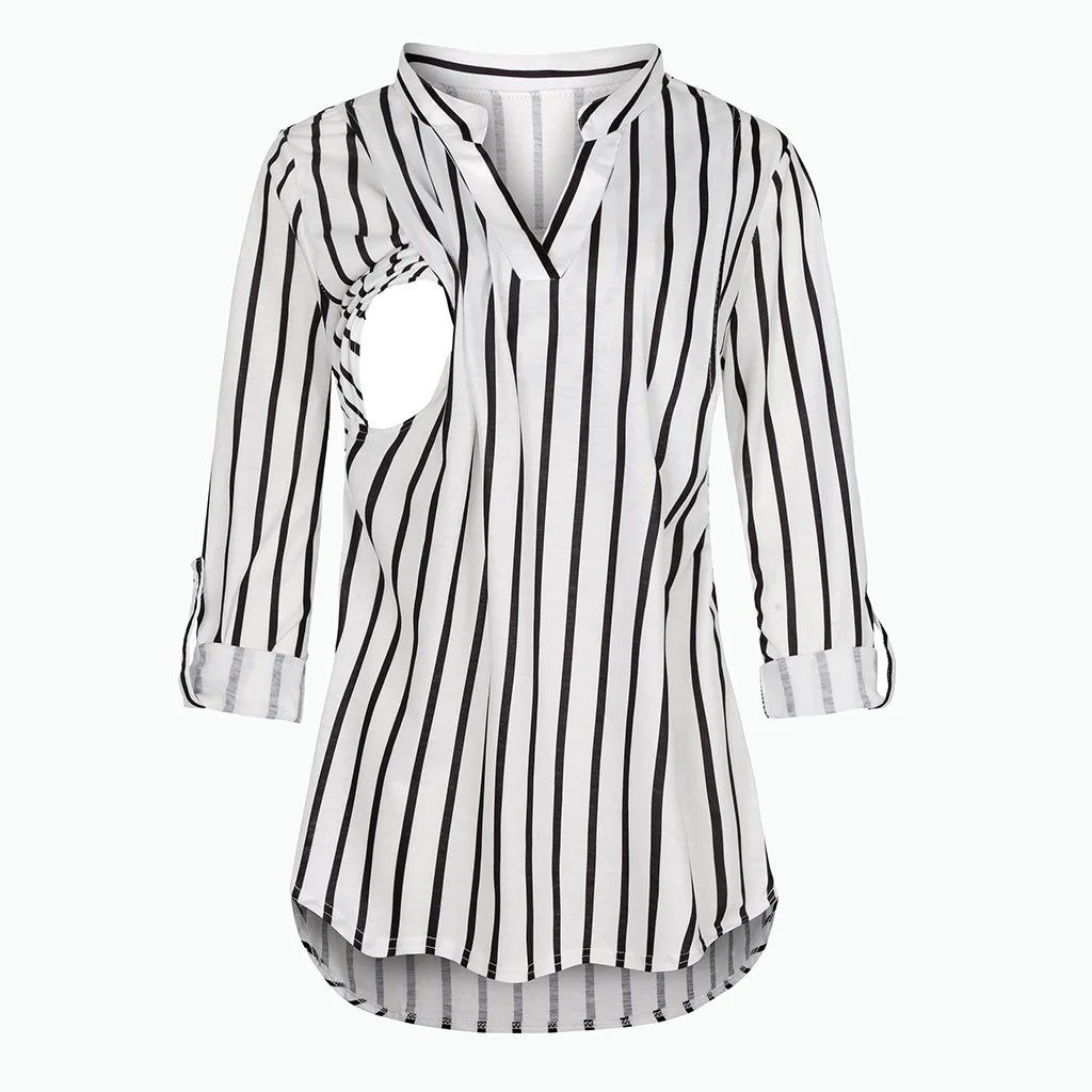 Women's Maternity Breastfeeding T-shirt V-Neck Solid Color Long Sleeve Nursing Tops Clothes