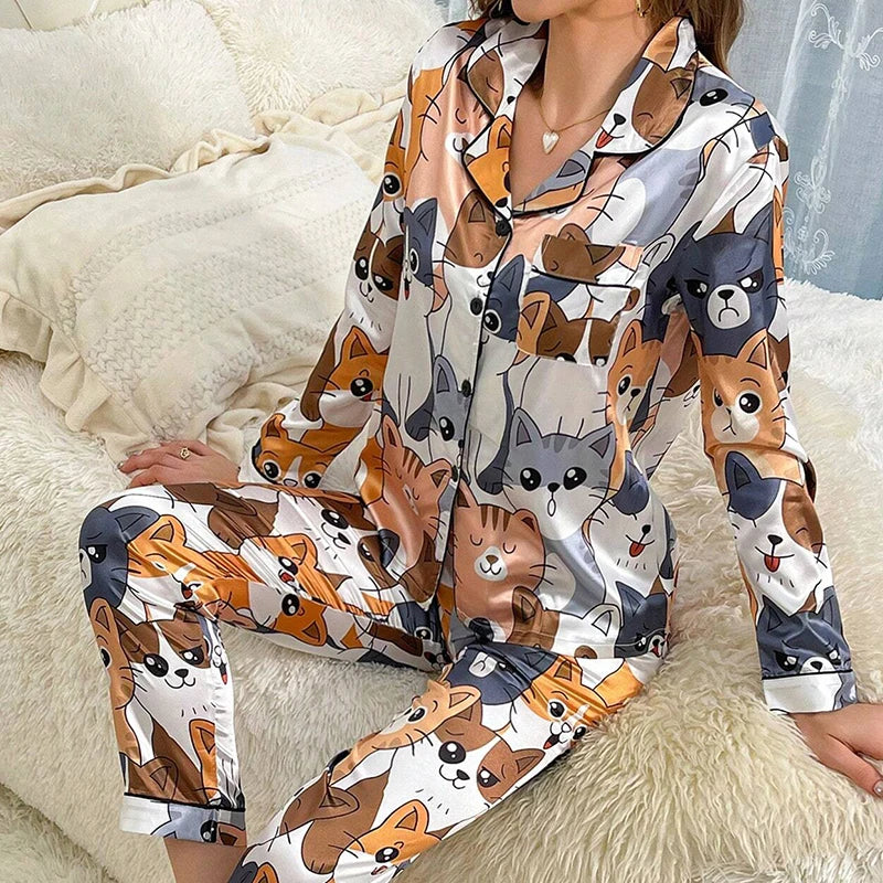 Cute Cat Print Pajama for Women Satin Long Sleeve Lapel Collar Tops & Pant