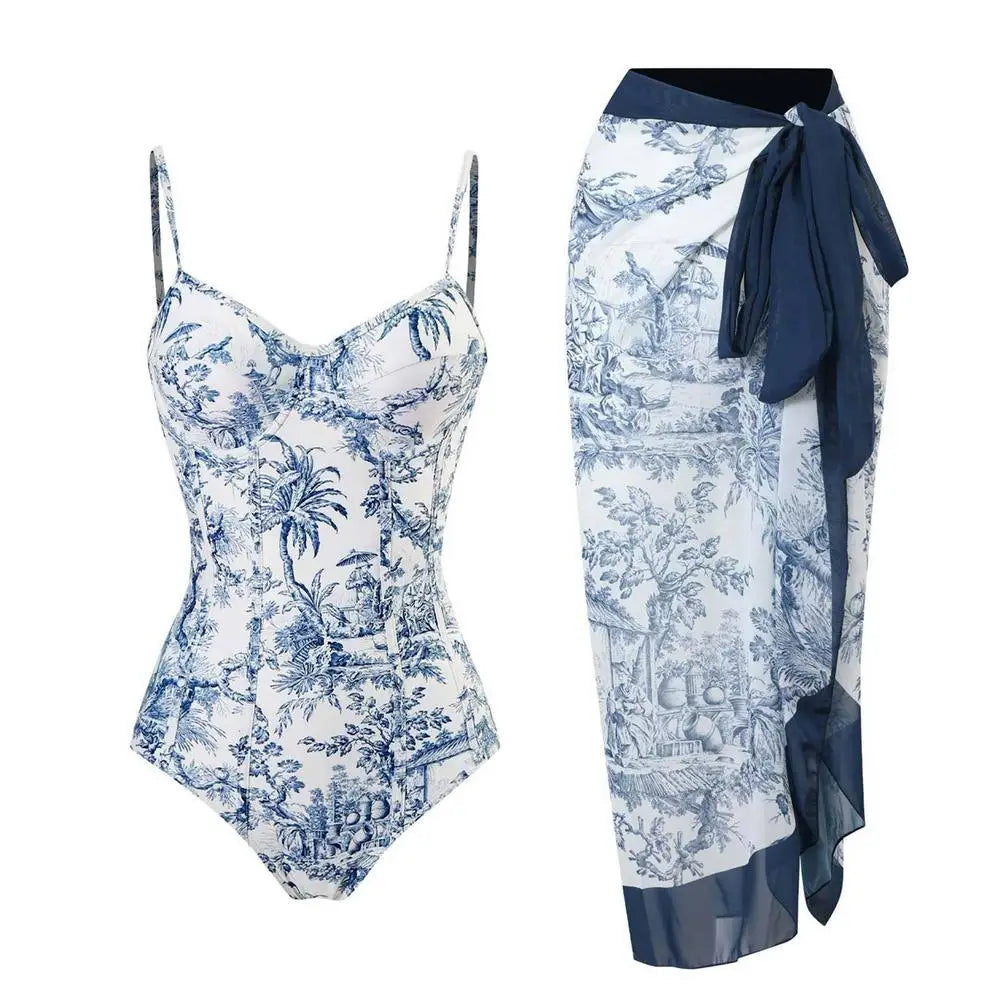 One-Piece Bikini Wrap Skirts Floral Print Swimsuit Slimming Backless Tummy Control Swimwear