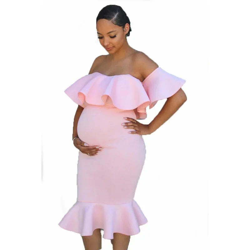 Off The Shoulder Maternity Dress Solid Ruffles