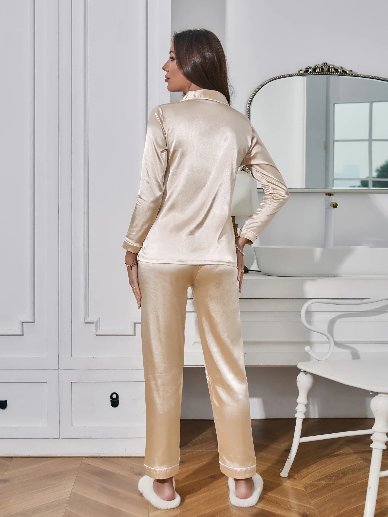 Solid Pajama Set Long Sleeve Button Up Lapel Top & Pants