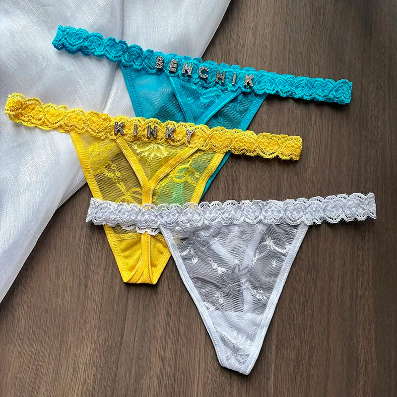 Personality Custom Name Crystal Letter Thong Lace Bikini Panties G-String Low Waist