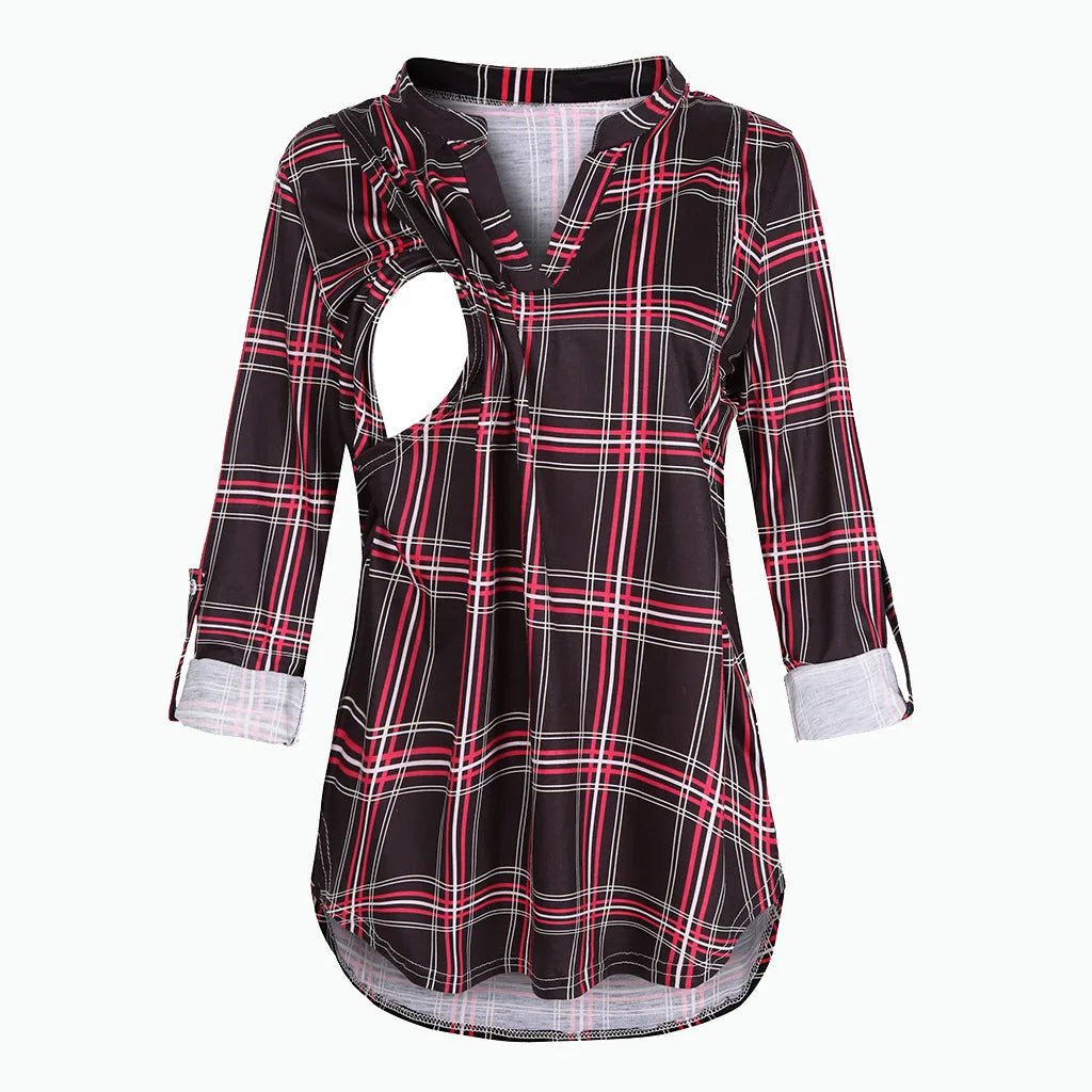 Women's Maternity Breastfeeding T-shirt V-Neck Solid Color Long Sleeve Nursing Tops Clothes