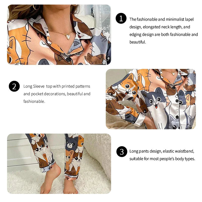Cute Cat Print Pajama for Women Satin Long Sleeve Lapel Collar Tops & Pant