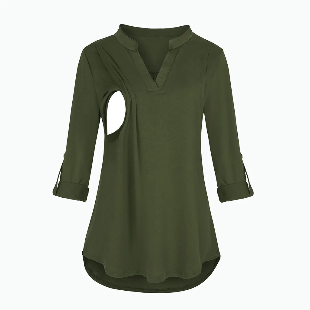 Women's Maternity Breastfeeding T-shirt V-Neck Solid Color Long Sleeve Nursing Tops Clothes