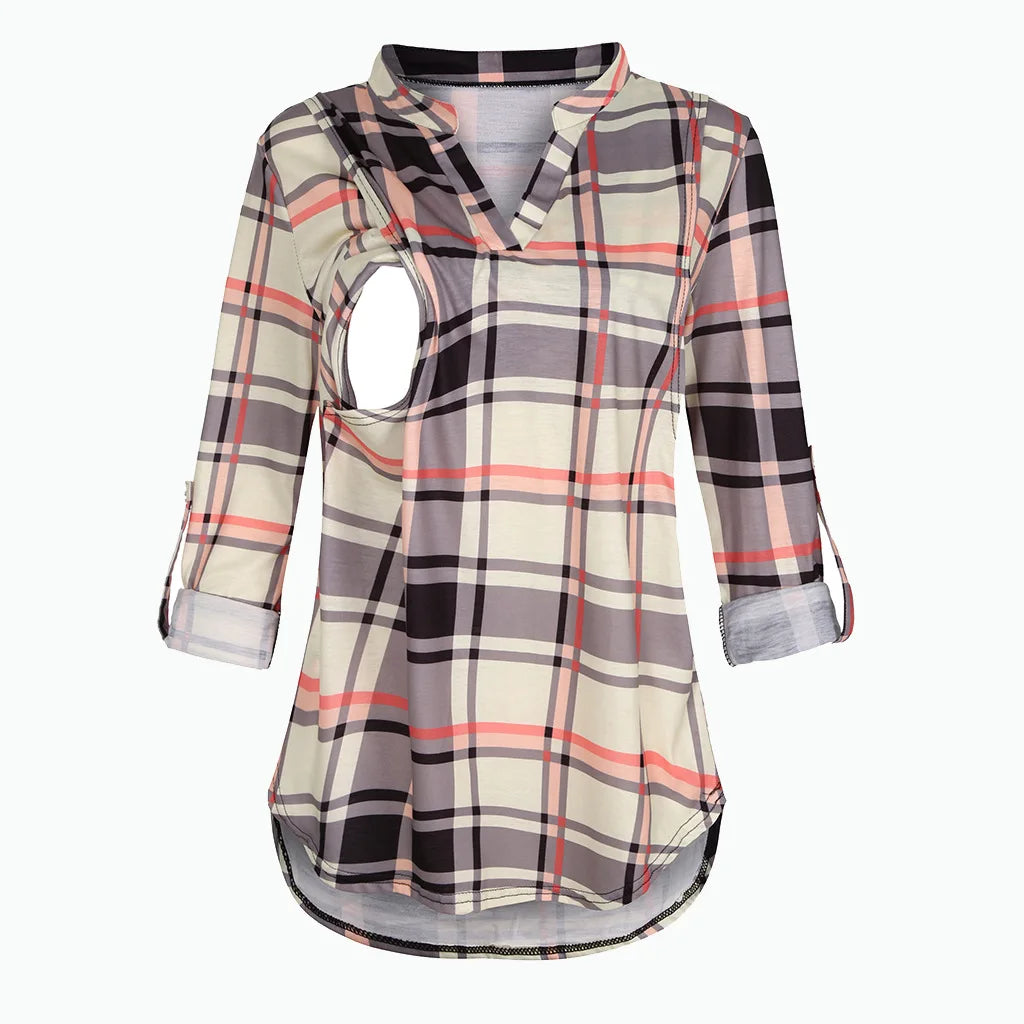 Women's Maternity Breastfeeding T-shirt V-Neck Solid Color Long Sleeve Nursing Tops Clothes