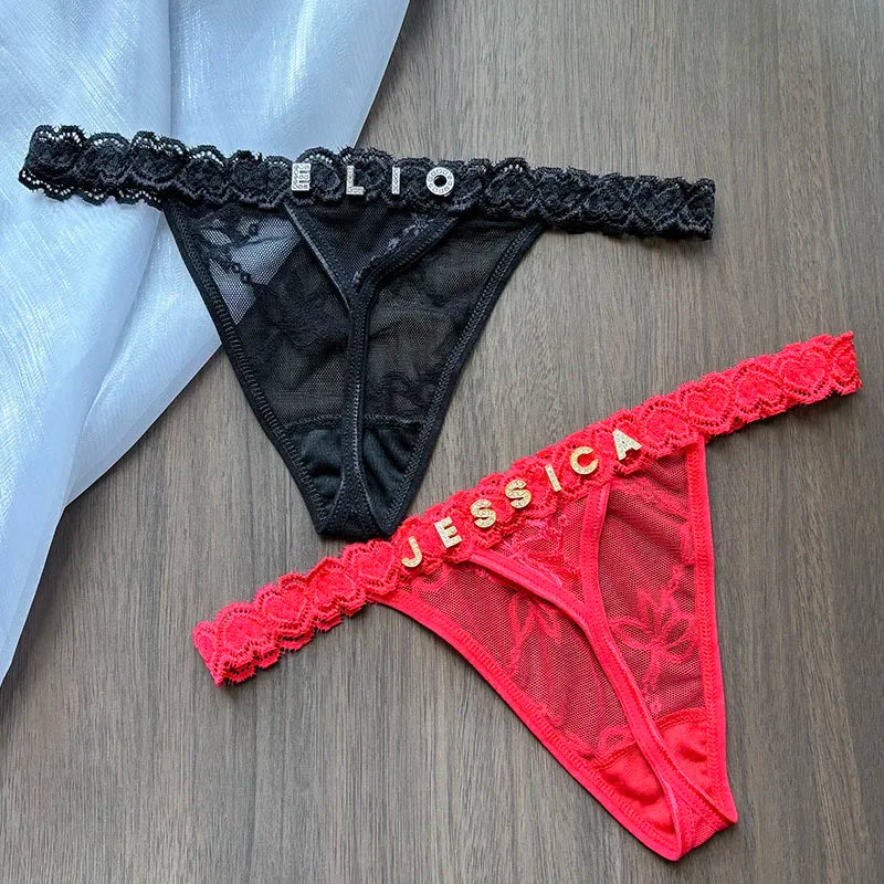 Personality Custom Name Crystal Letter Thong Lace Bikini Panties G-String Low Waist