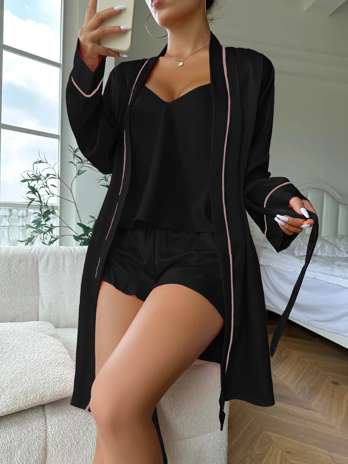 Simple Satin Pajama Set Long Sleeve Belted Robe