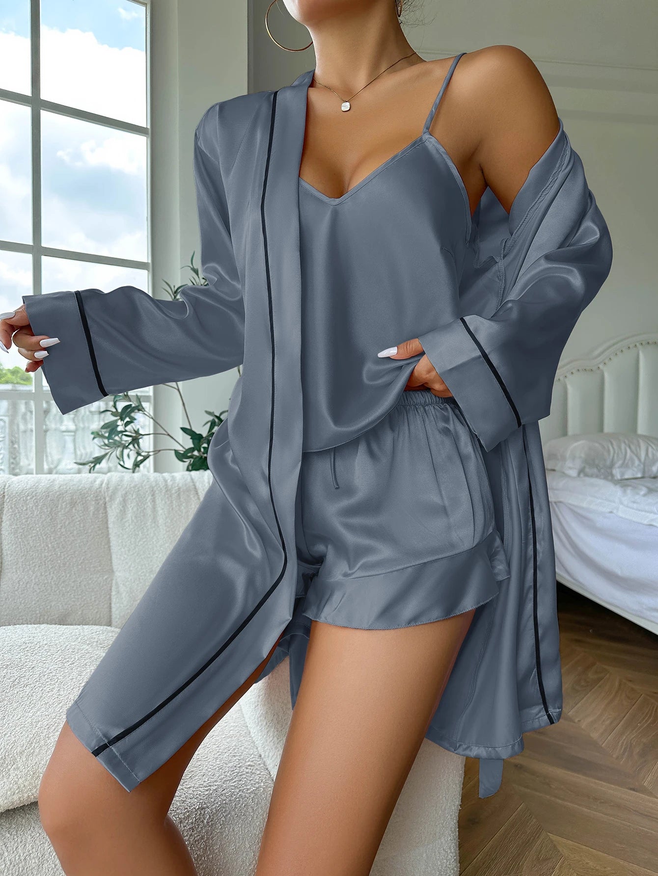 Simple Satin Pajama Set Long Sleeve Belted Robe