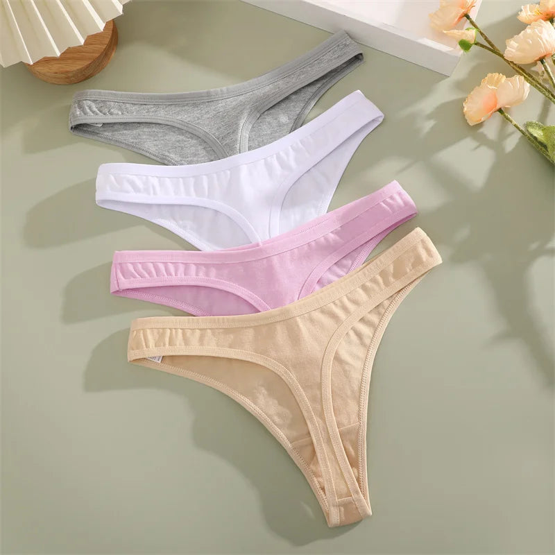 4PCS/Set Women Cotton Panties Seamless Low Rise Thongs V-Waist