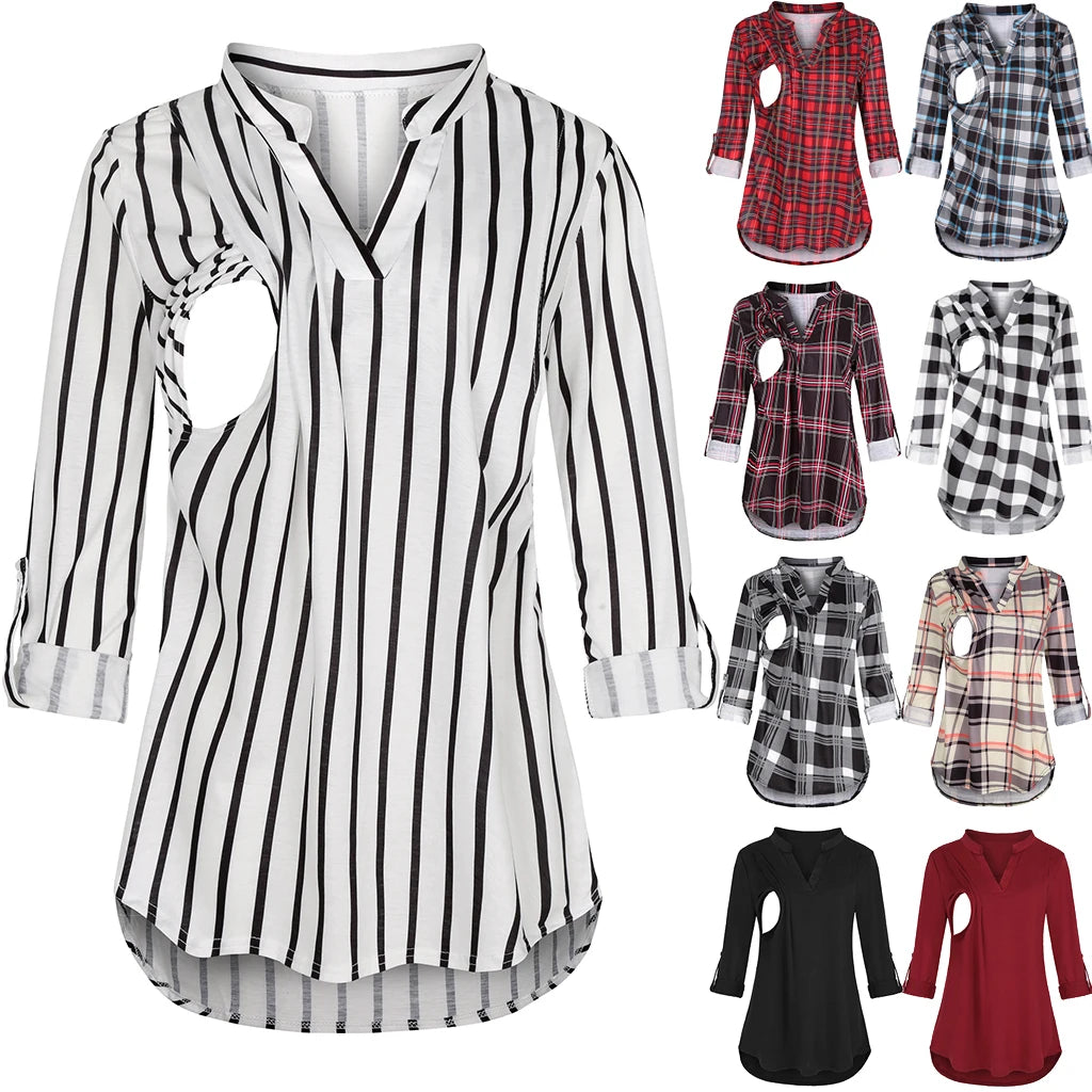 Women's Maternity Breastfeeding T-shirt V-Neck Solid Color Long Sleeve Nursing Tops Clothes