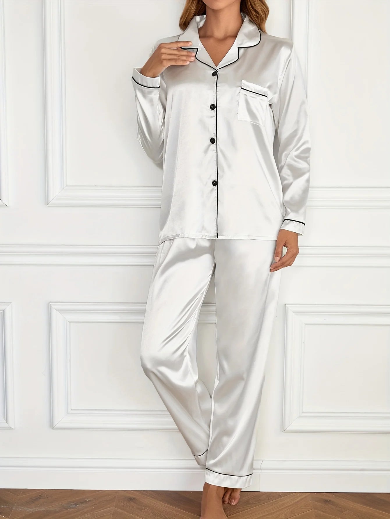 Solid Pajama Set Long Sleeve Button Up Lapel Top & Pants
