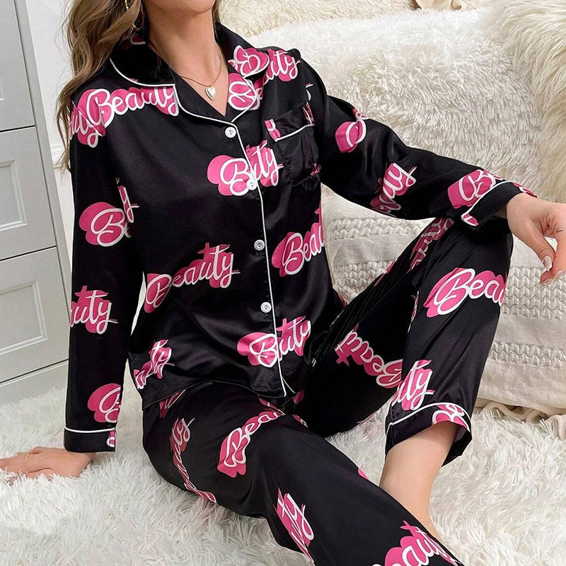Cute Cat Print Pajama for Women Satin Long Sleeve Lapel Collar Tops & Pant