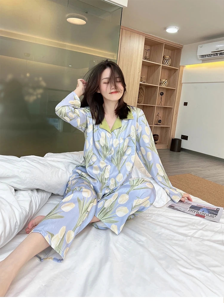 Ice Silk 2 Pieces Pajamas for Women