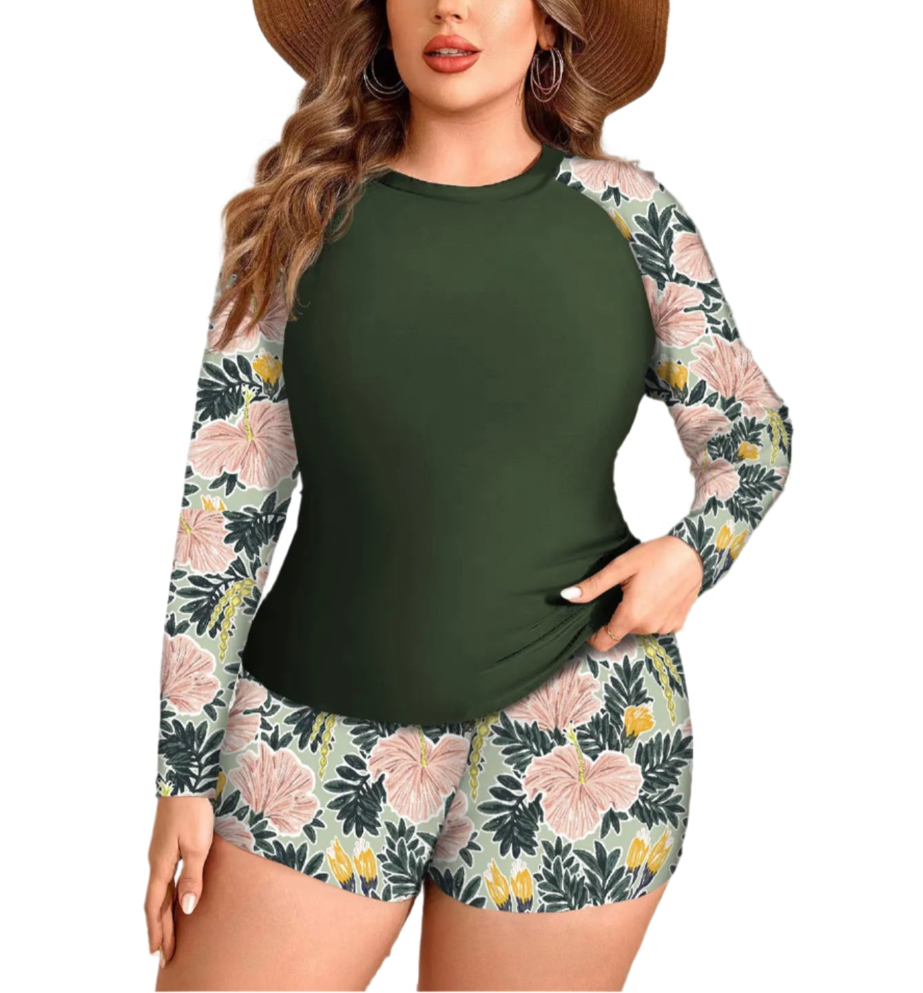 Long Sleeves Solid Printed Plus Size Tankini Swimwear