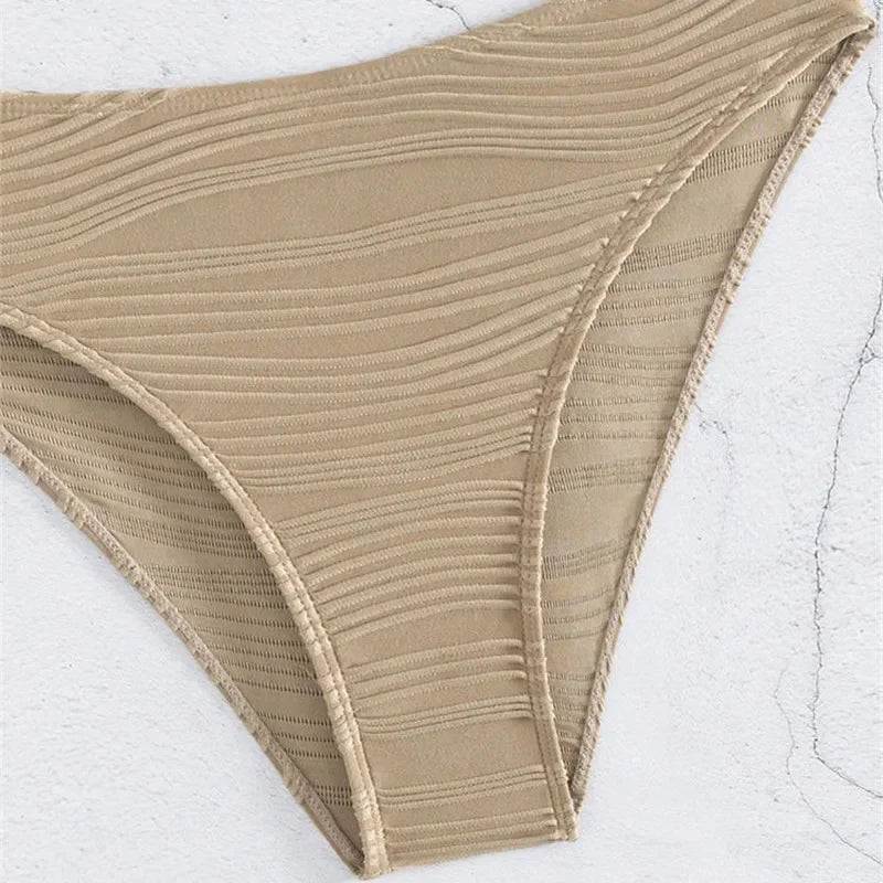 Sexy Khaki Ribbed Swimwear High Waisted Bikini Set