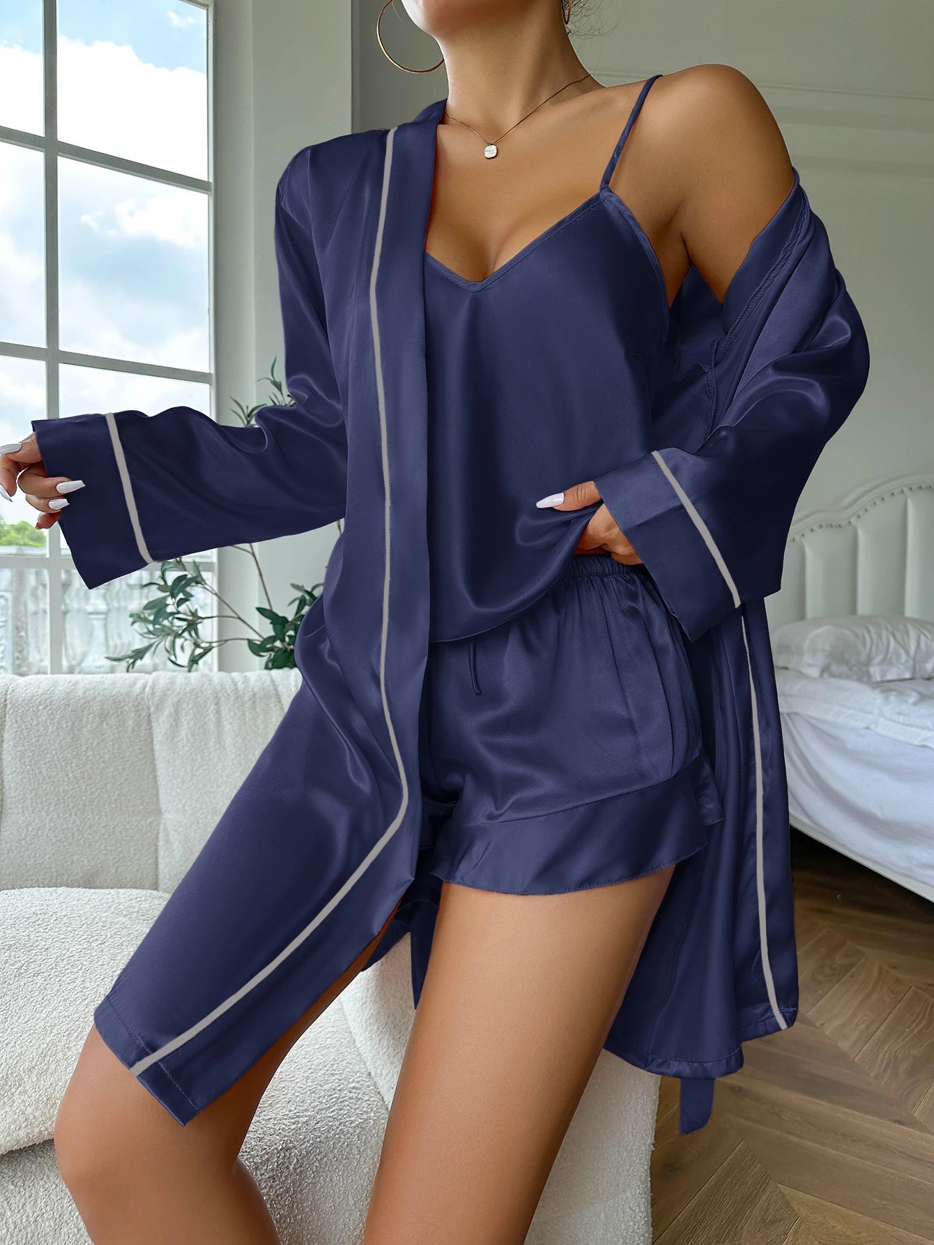 Simple Satin Pajama Set Long Sleeve Belted Robe