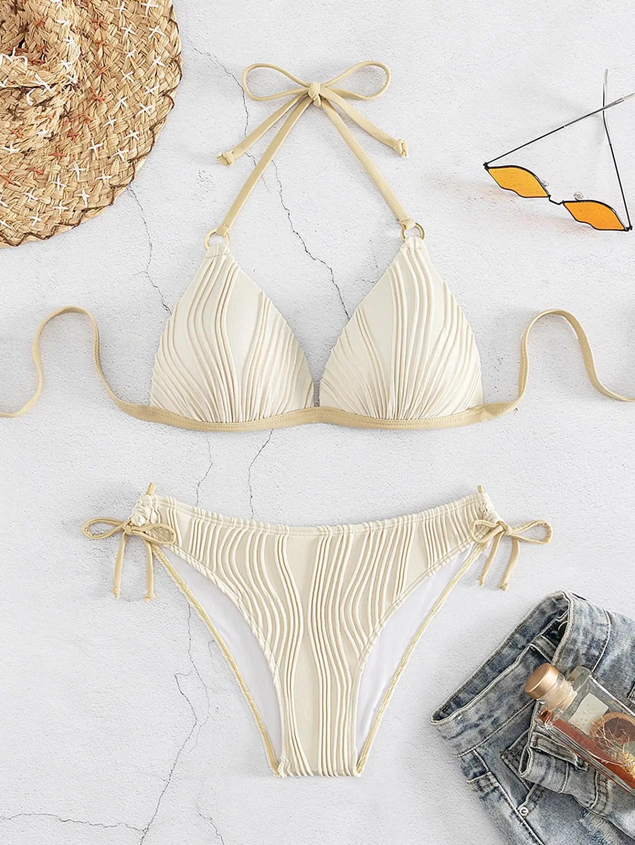 Women Low Waist Solid Color Black Lace-up Push Up Brazilian Bikinis Bikini Set