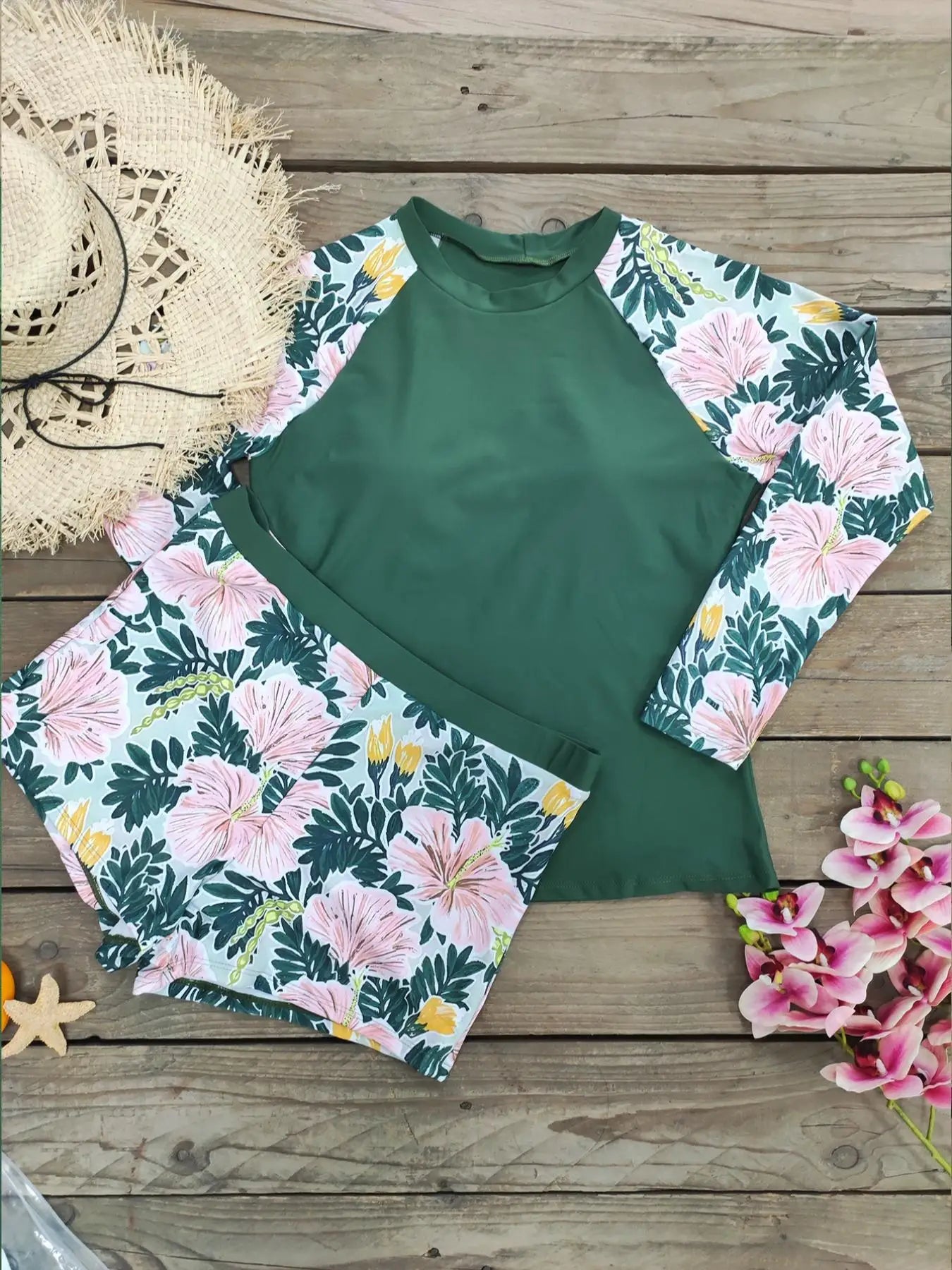 Long Sleeves Solid Printed Plus Size Tankini Swimwear