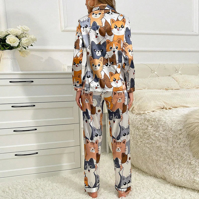 Cute Cat Print Pajama for Women Satin Long Sleeve Lapel Collar Tops & Pant