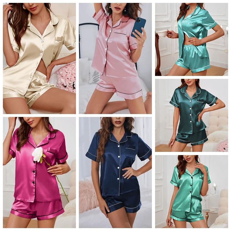Womens Satin Pajamas Set Luxurious Short Sleeve