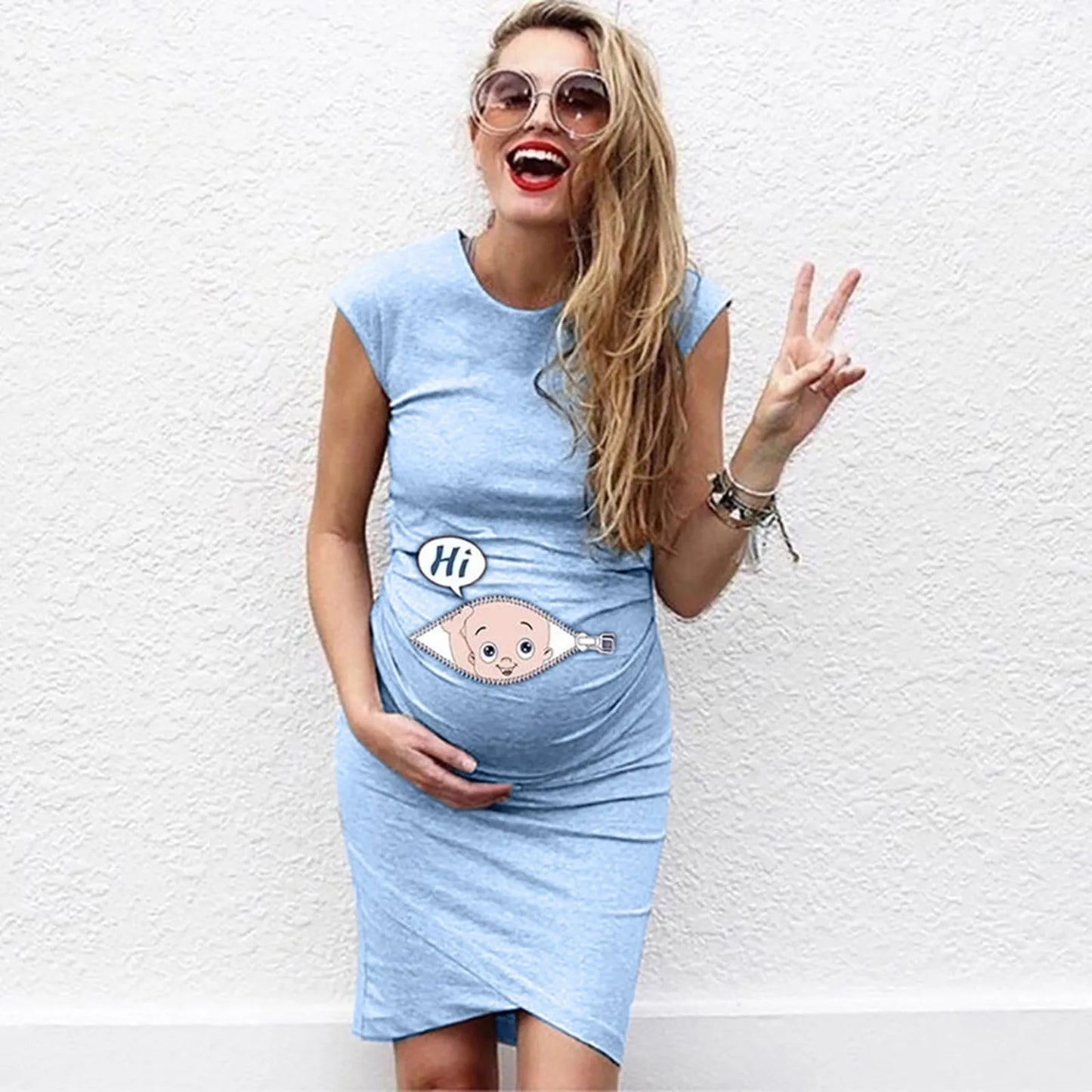 O-neck Slim Cartoon Print Pregnant Woman Dress