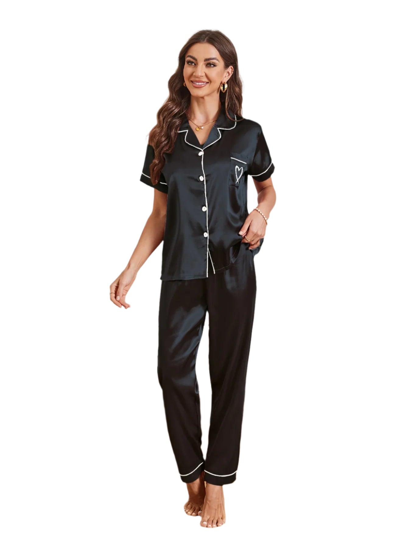 Heart Embroidery Satin Pajama Set Casual Short Sleeve