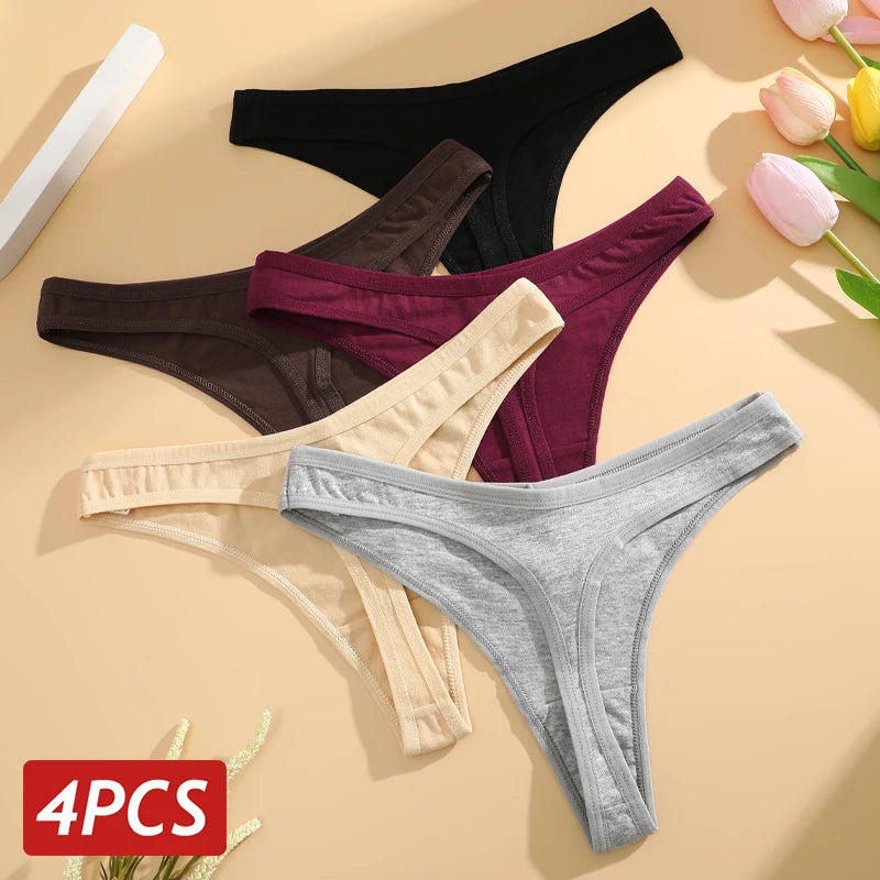 4PCS/Set Women Cotton Panties Seamless Low Rise Thongs V-Waist