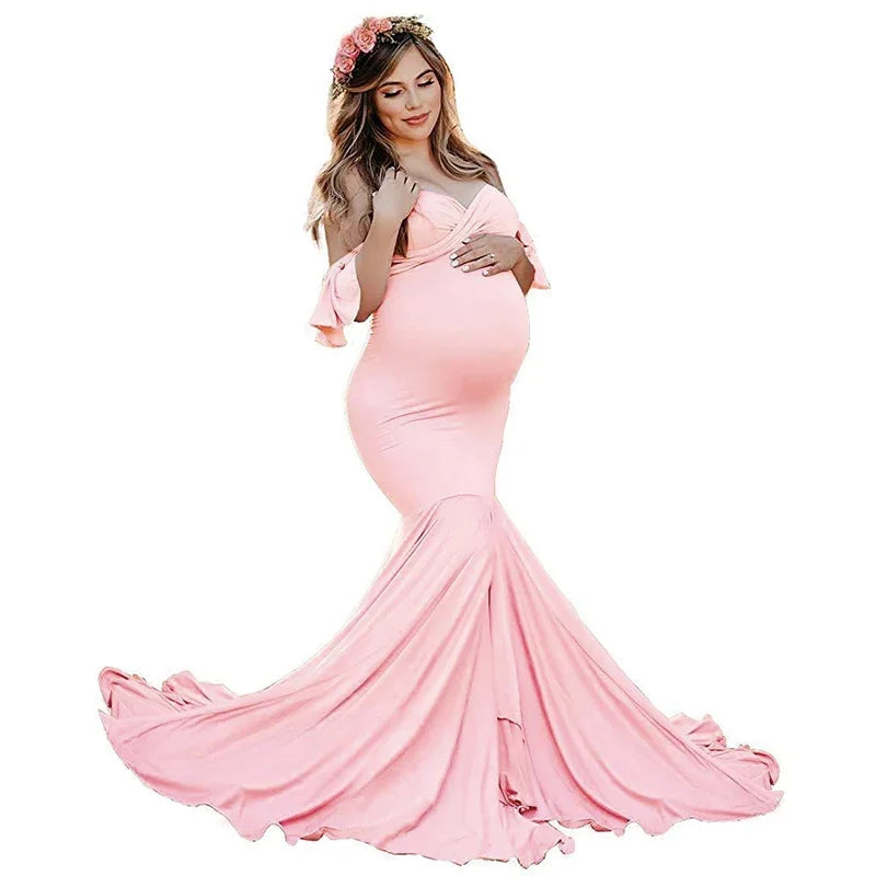 Maternity's Short Sleeve Dresses V Neck Maxi Long Photography