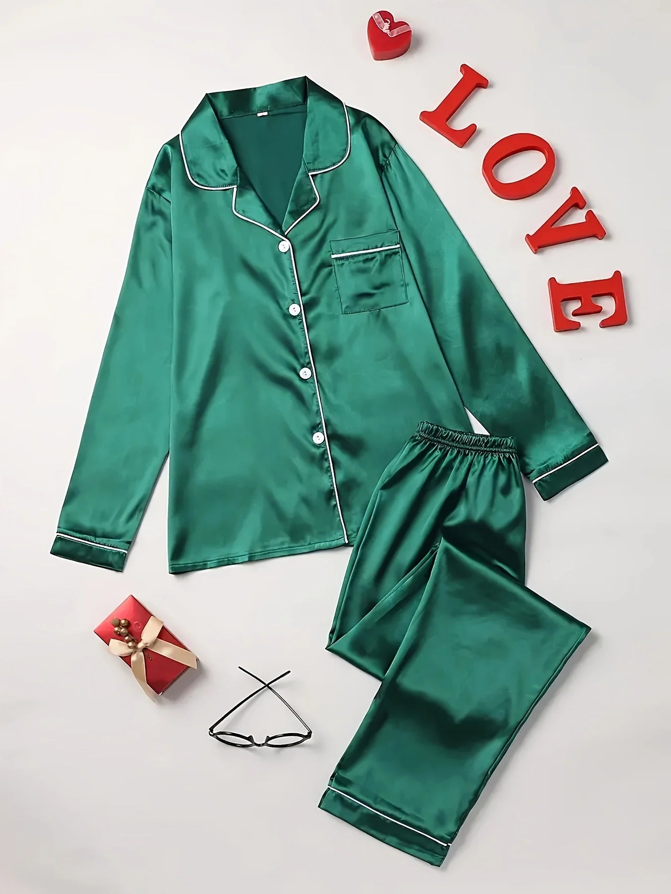 Solid Pajama Set Long Sleeve Button Up Lapel Top & Pants