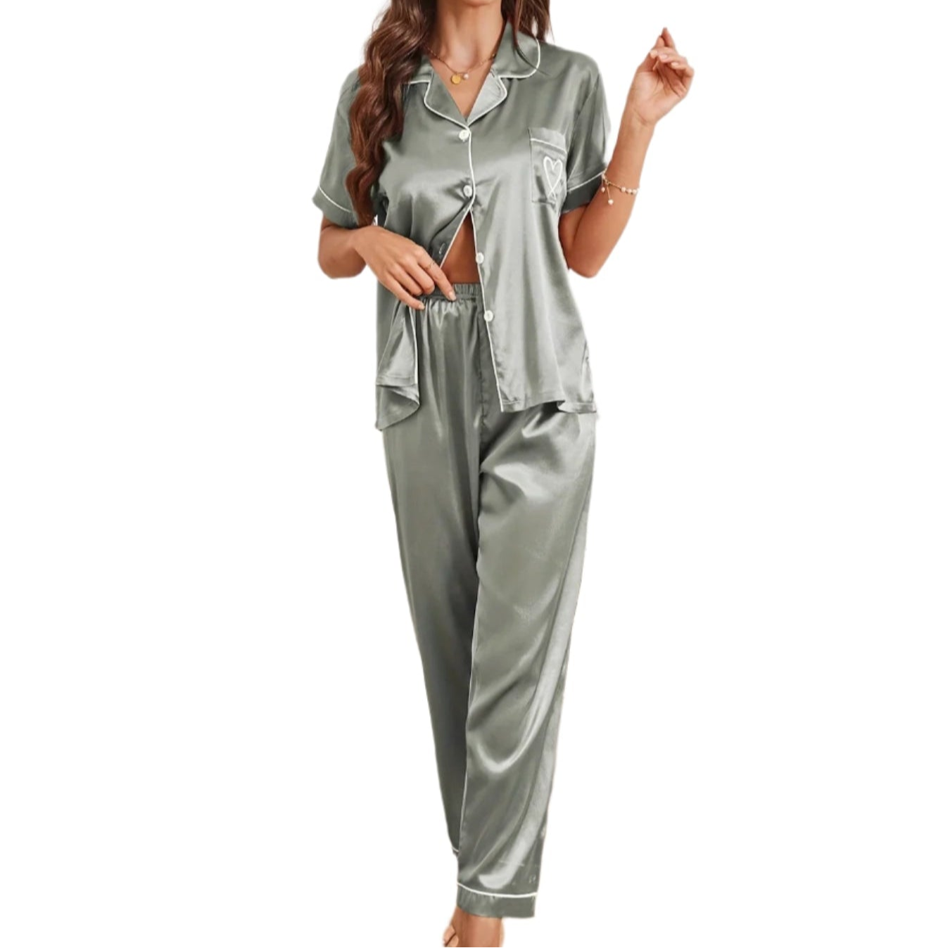 Heart Embroidery Satin Pajama Set Casual Short Sleeve
