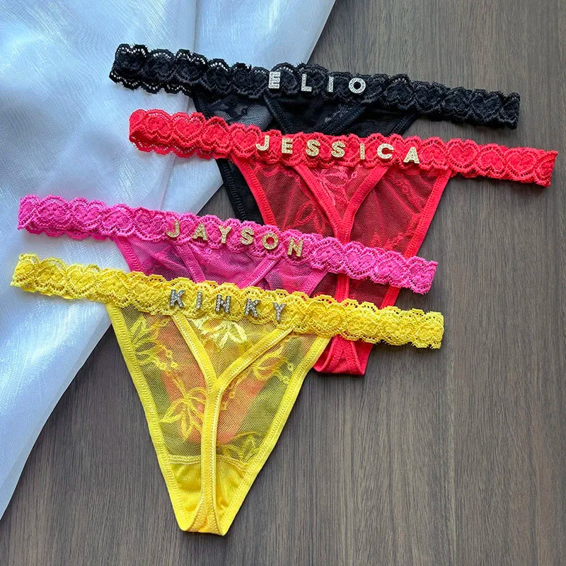 Personality Custom Name Crystal Letter Thong Lace Bikini Panties G-String Low Waist