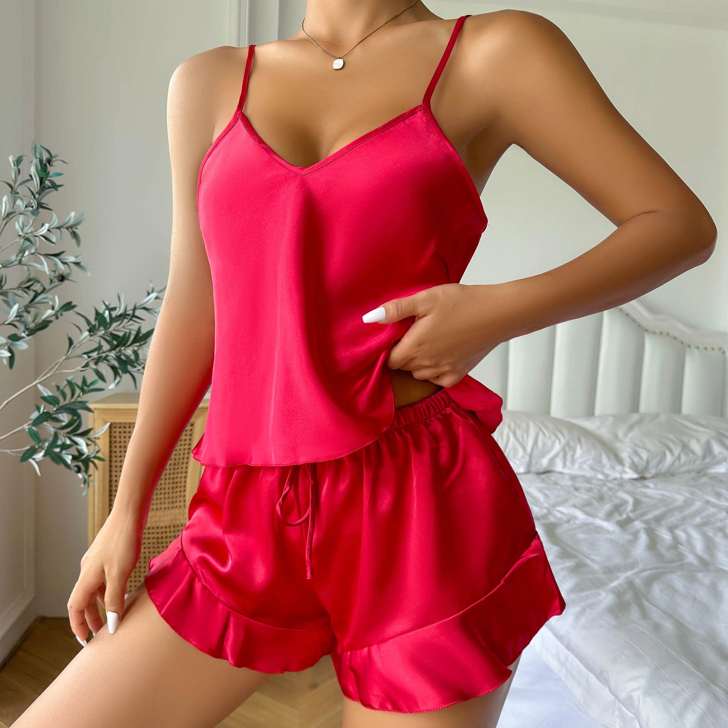Simple Satin Pajama Set Long Sleeve Belted Robe