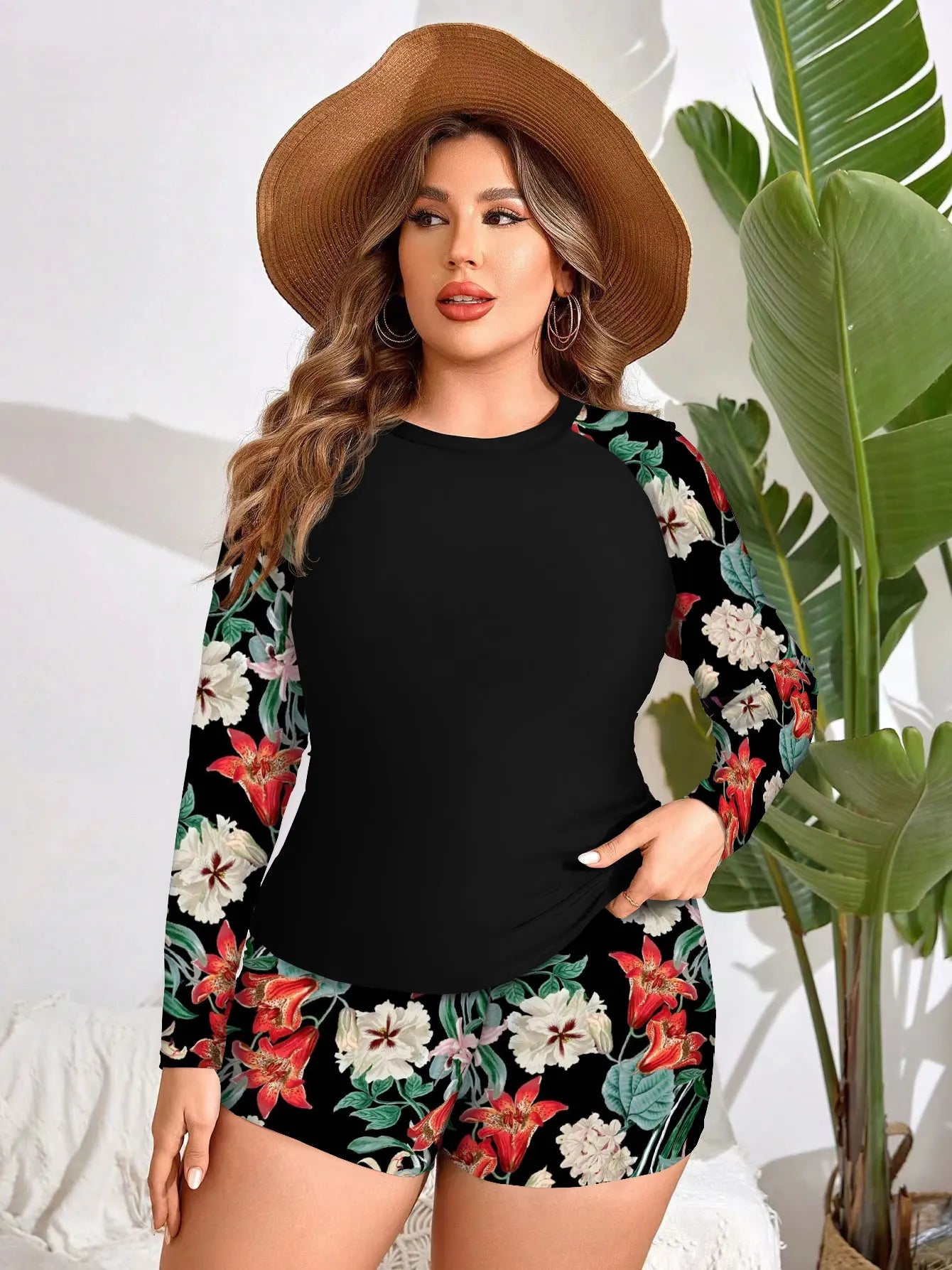 Long Sleeves Solid Printed Plus Size Tankini Swimwear