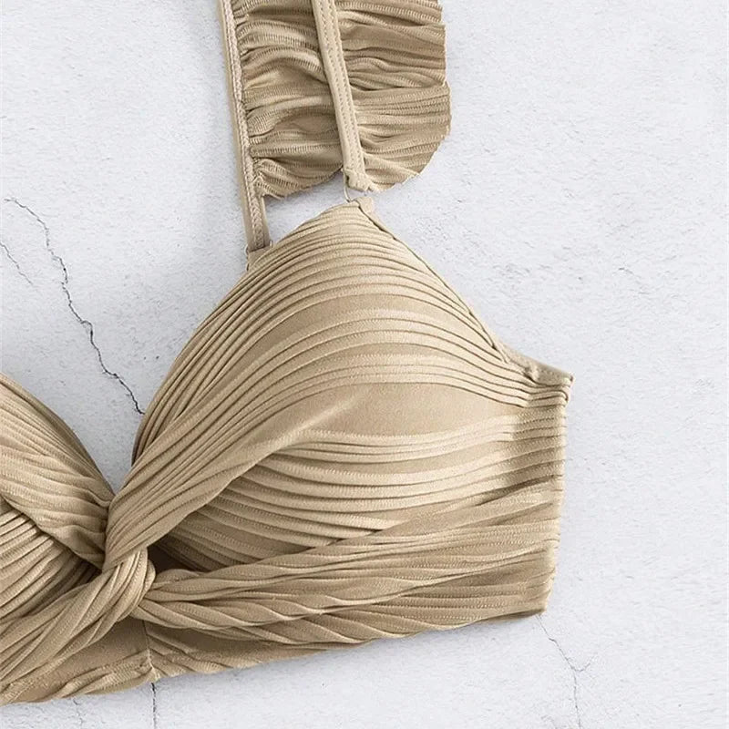Sexy Khaki Ribbed Swimwear High Waisted Bikini Set