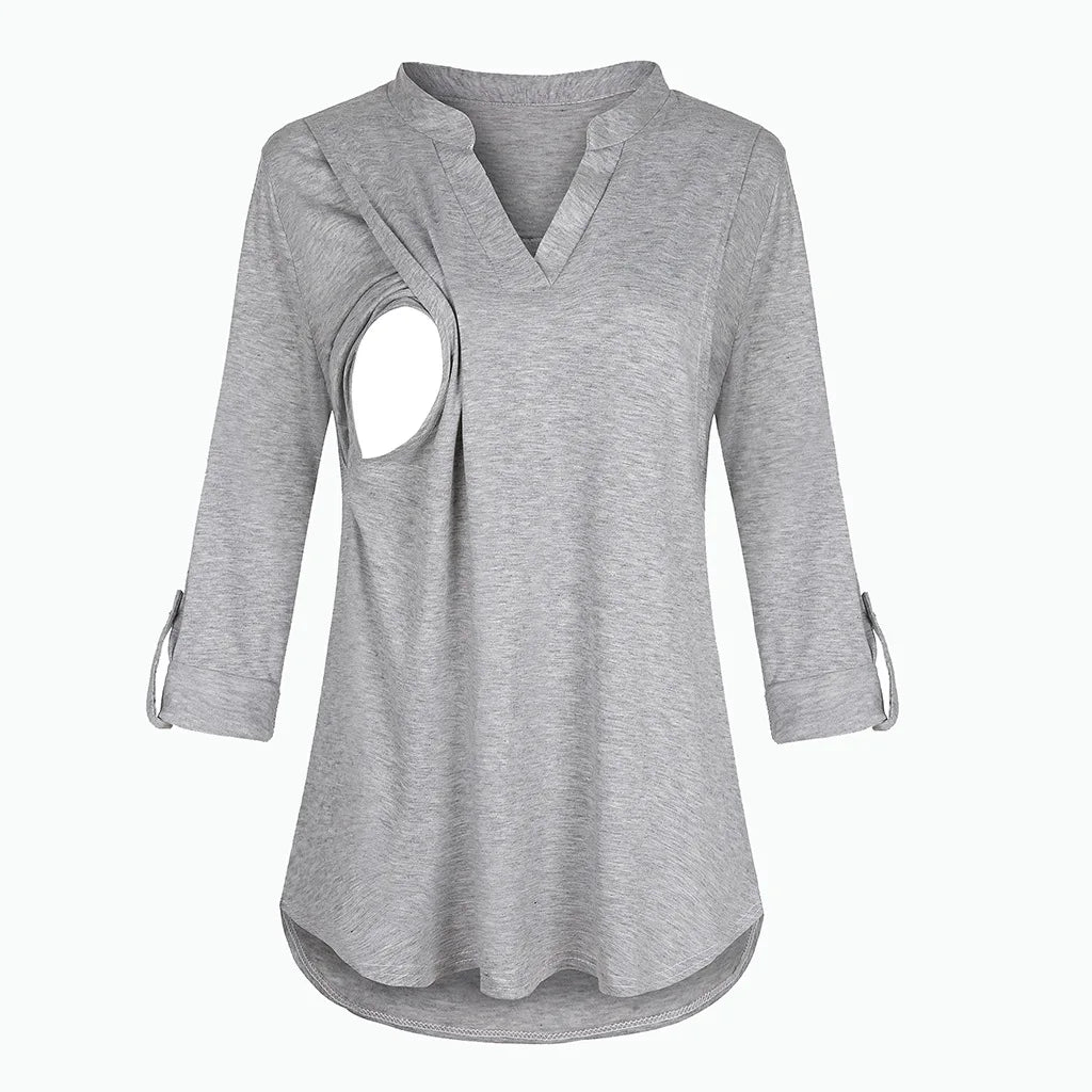 Women's Maternity Breastfeeding T-shirt V-Neck Solid Color Long Sleeve Nursing Tops Clothes