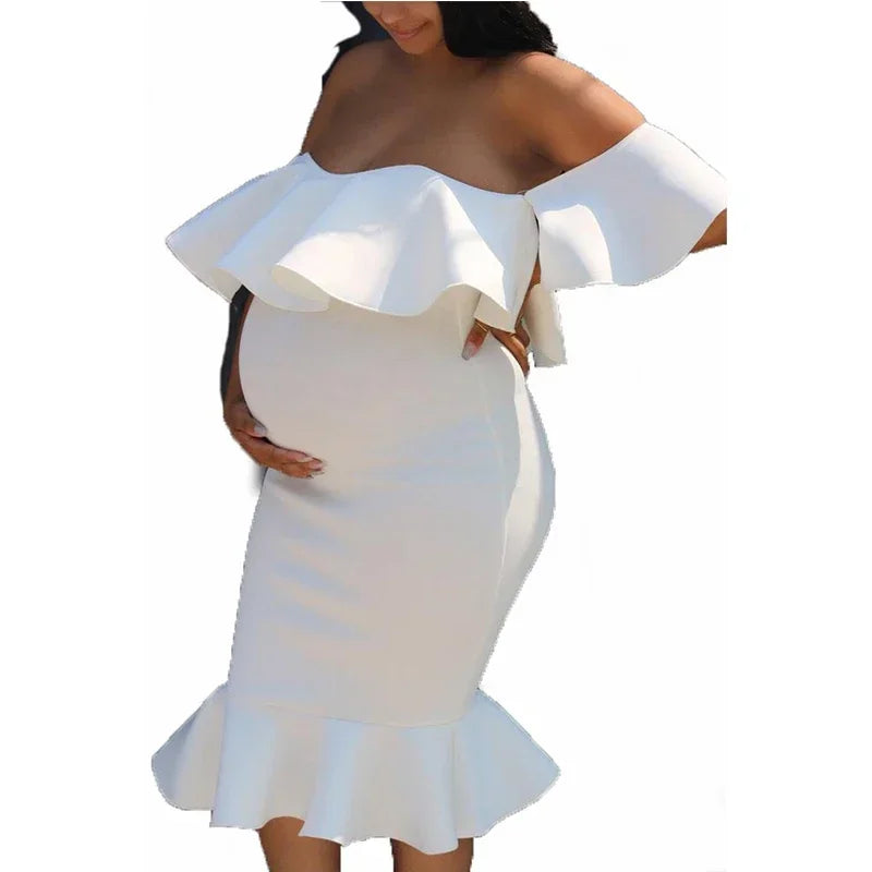 Off The Shoulder Maternity Dress Solid Ruffles