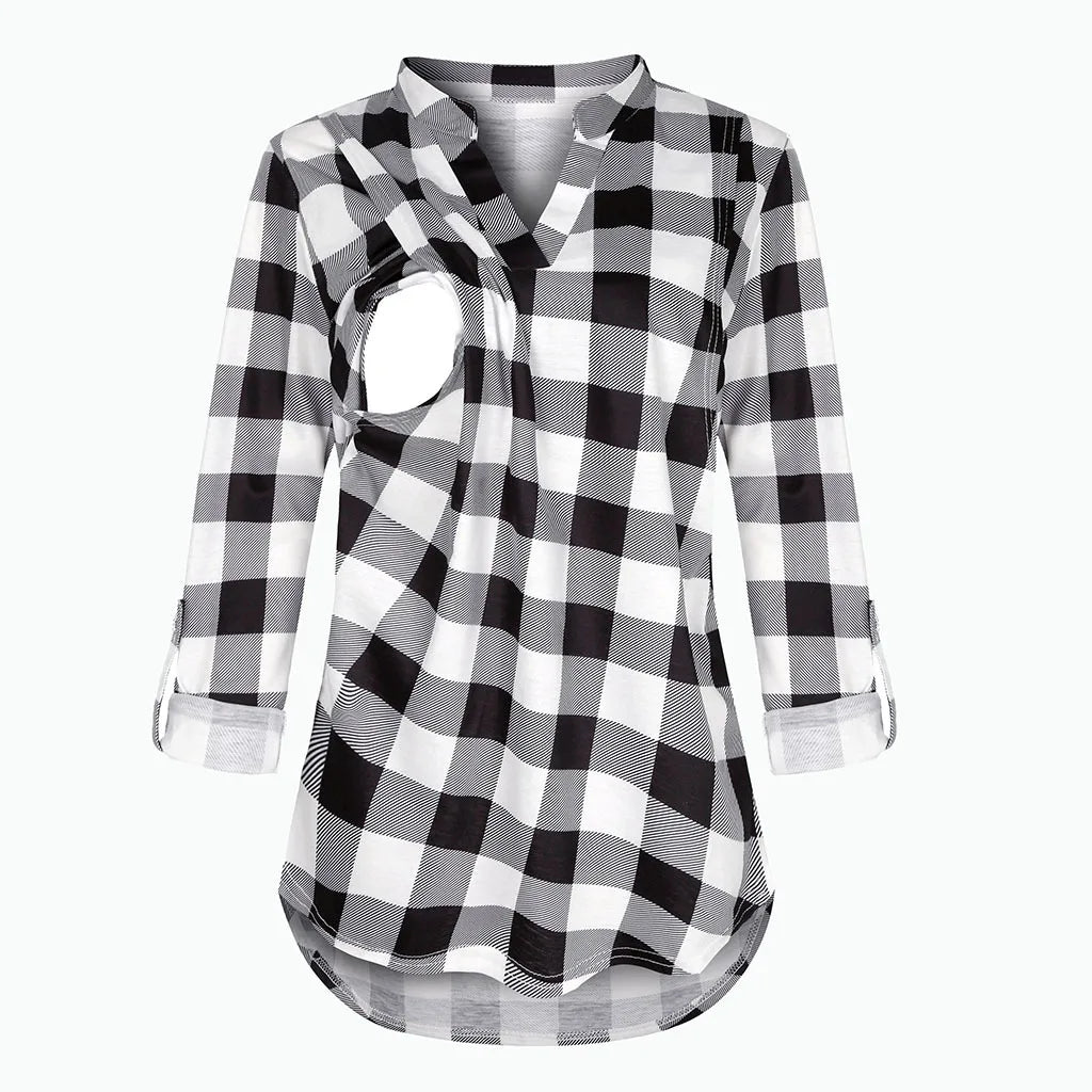 Women's Maternity Breastfeeding T-shirt V-Neck Solid Color Long Sleeve Nursing Tops Clothes