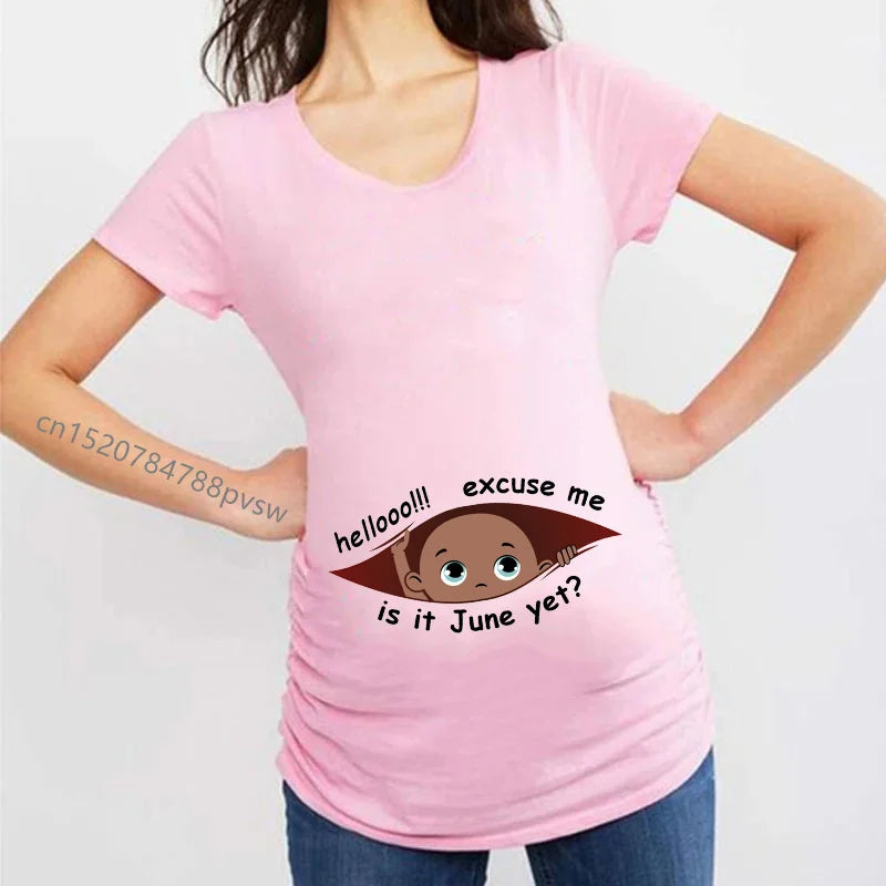 Funny Hellooo Excuse Me is it January-December Women Pregnant T Shirt Female Maternity Pregnancy Announcement New Mom Clothes