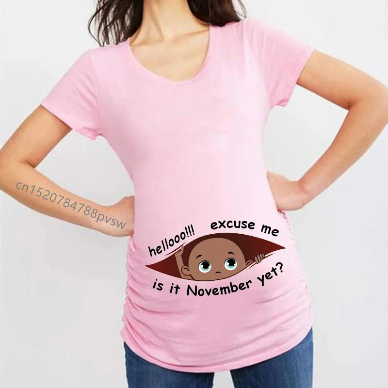 Funny Hellooo Excuse Me is it January-December Women Pregnant T Shirt Female Maternity Pregnancy Announcement New Mom Clothes