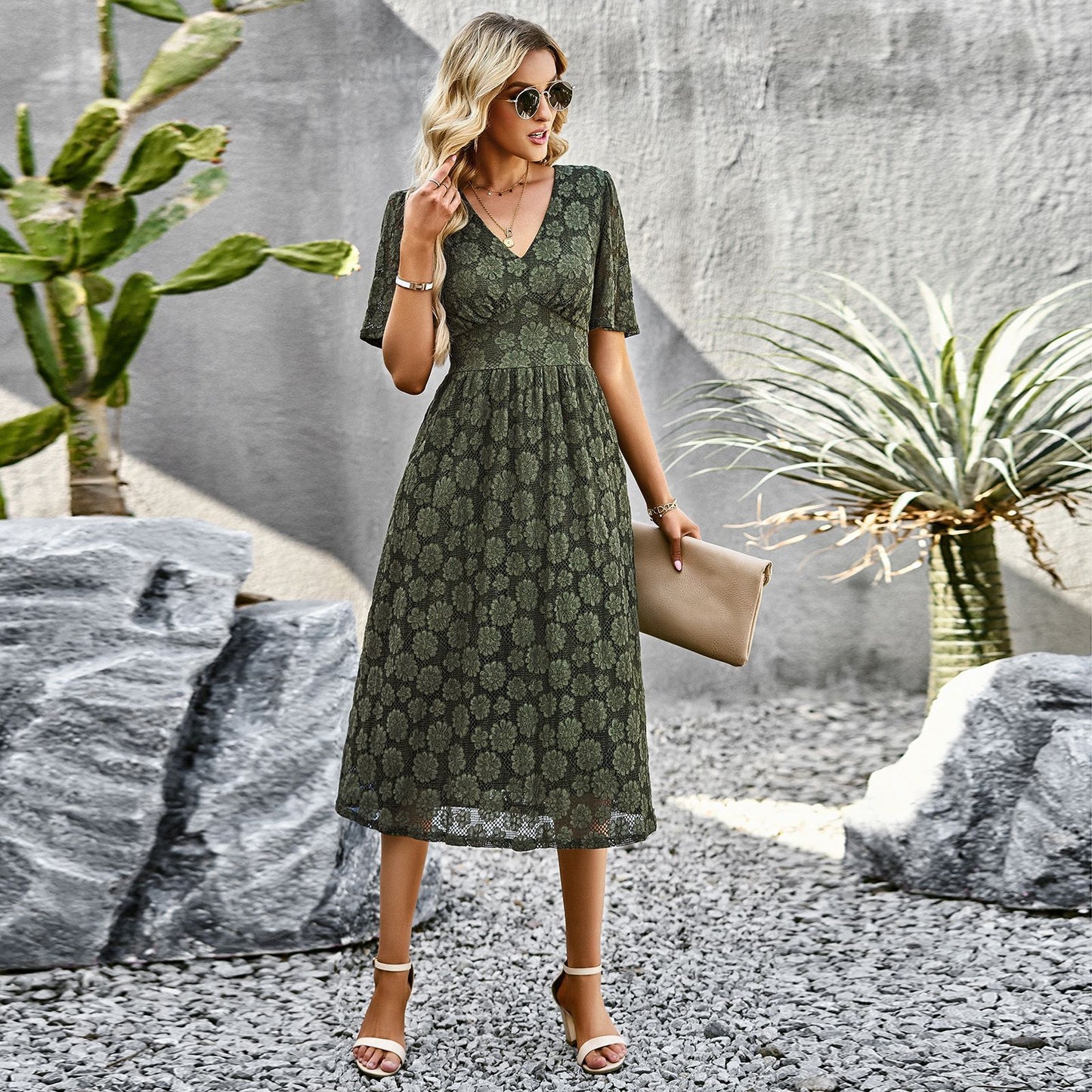 Fashion V-neck Lace Elegant Short Sleeve Long Dress