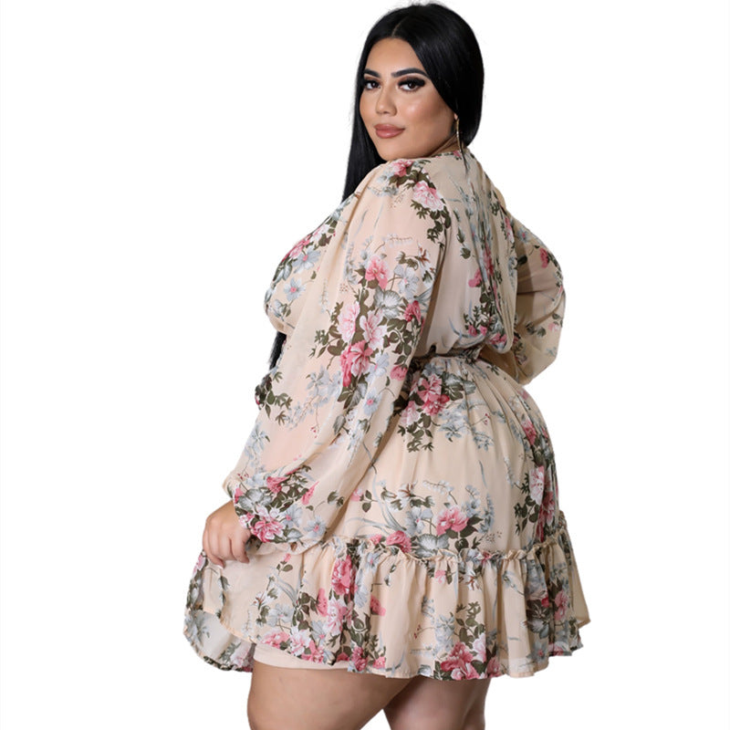 Plus Size Flower Print Chiffon V Neck Out Long Sleeve Dress